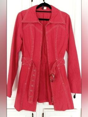 H&M Rare Women's Belted Red Denim Trench Coat